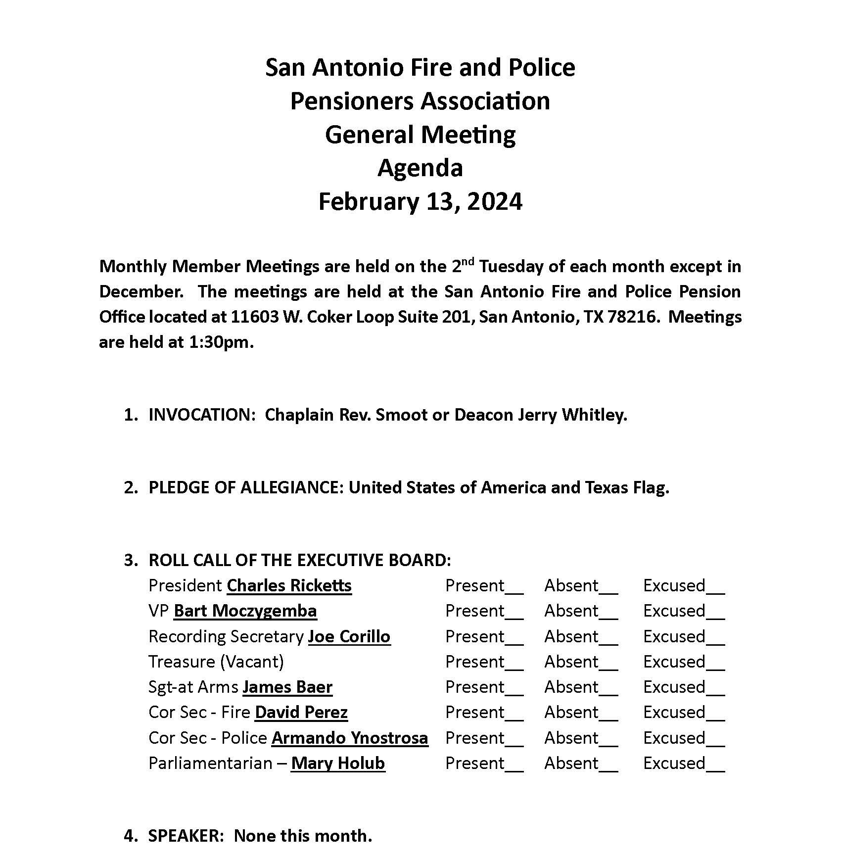 February 2024 Agenda San Antonio Fire and Police Pensioners' Association