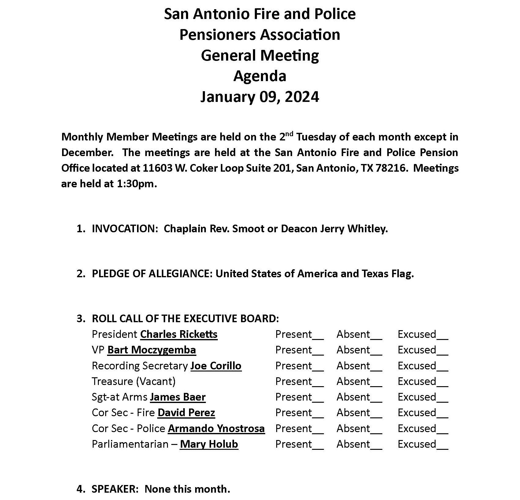 January 2024 Meeting Agenda San Antonio Fire and Police Pensioners