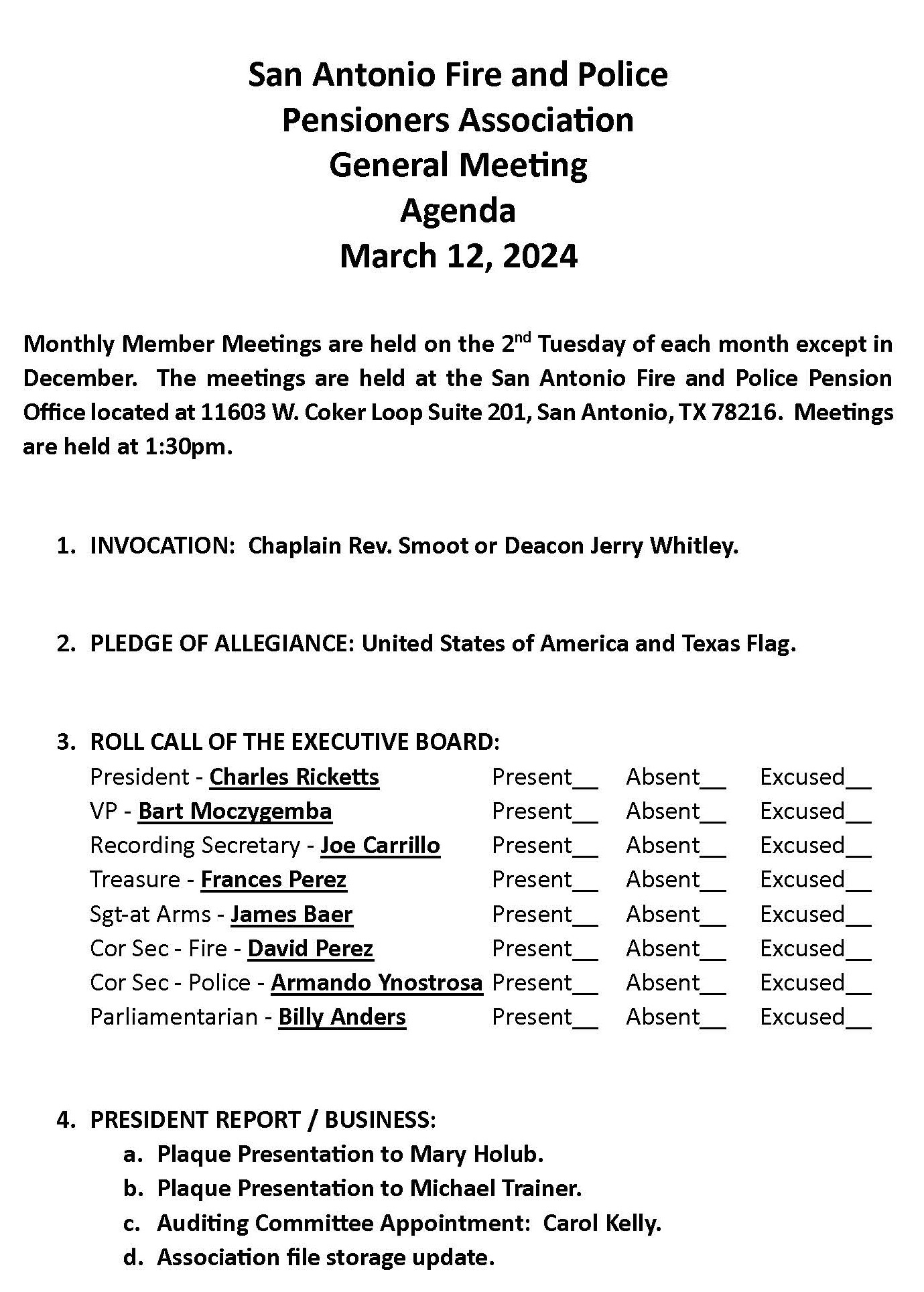 March 2024 Meeting Agenda San Antonio Fire and Police Pensioners